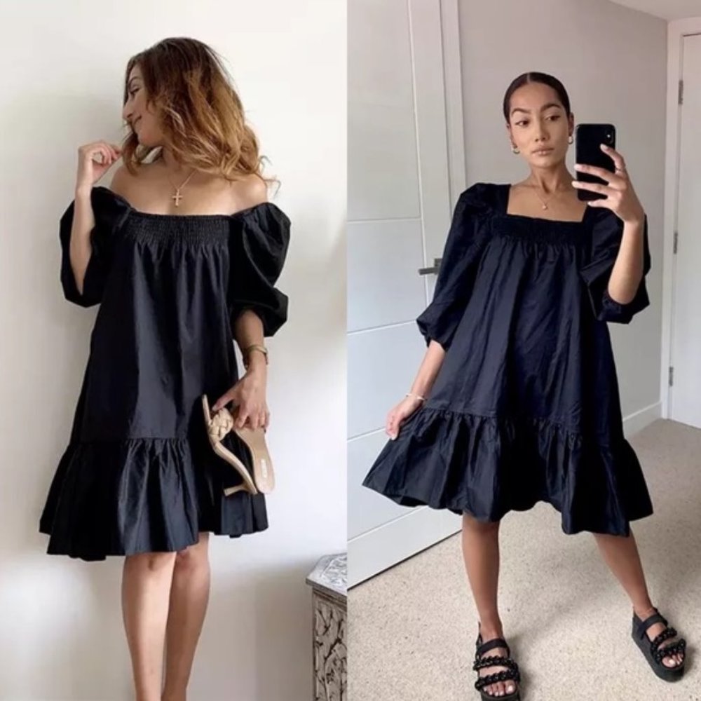 H&M Black Puff Sleeve Mini Cotton Black Dress